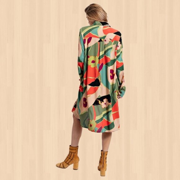 EASEL "The Downtowner" Challis Statement Shirt Dress Geo Print Hi Low Sexy Style - Picture 5 of 16